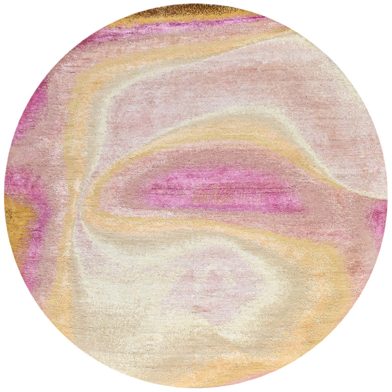 Tapis rond en laine / soie abstrait noué à la main de 3 pi de couleur jaune / rose / brun / blanc