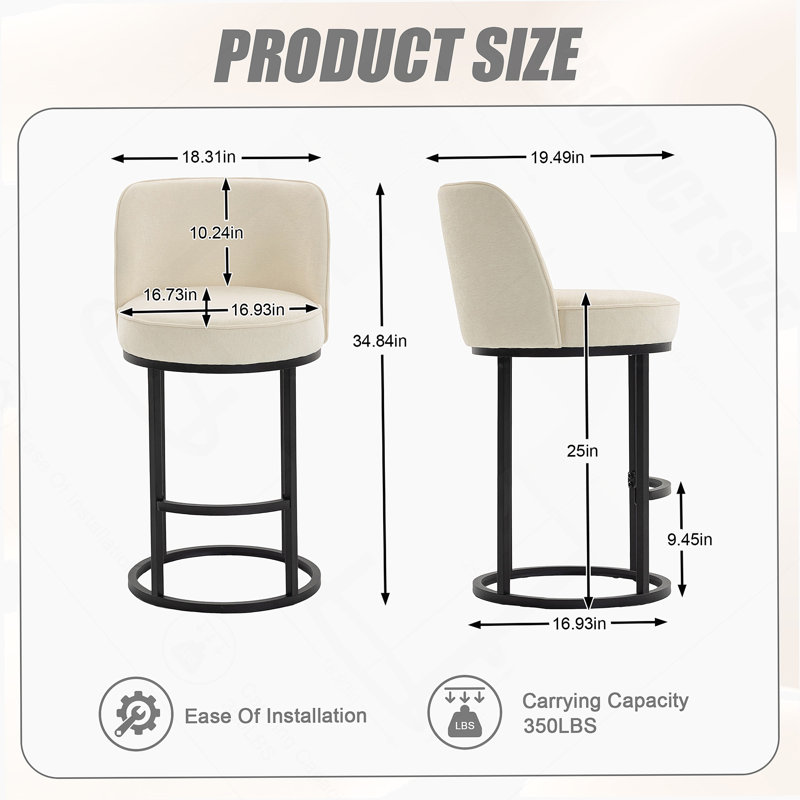 Counter Height Bar Stools Set Of 2, Modern Barrel Design With Backrest, Linen Upholstered For Kitchen Island Comfort And Style