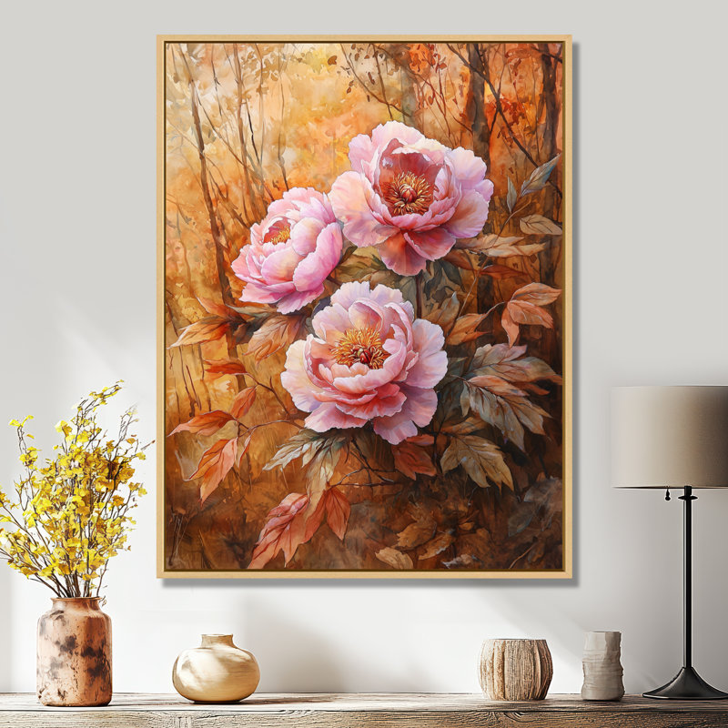 Pivoines et forêt d'automne II - pivoines, art mural, H 44 po x l 34 po, Reproduction avec cadre flottant, Crème, crème