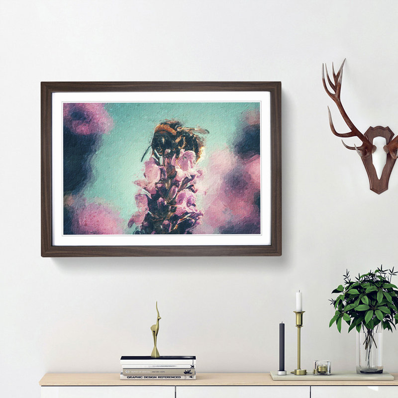 Bee On A Purple Flower - Single Picture Frame Painting, 33cm H x 45cm W x 2cm D, Walnut Framed