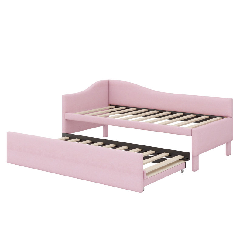 Lit de jour simple en L rembourré en forme de L avec lit gigogne escamotable, Rose