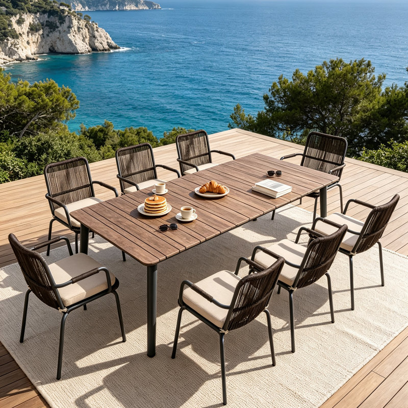 Ensemble repas pour terrasse pour 8 personnes de L 77,95 po avec 8 chaises en rotin, 28.74" H x 77.95" W x 37.4" D, 8