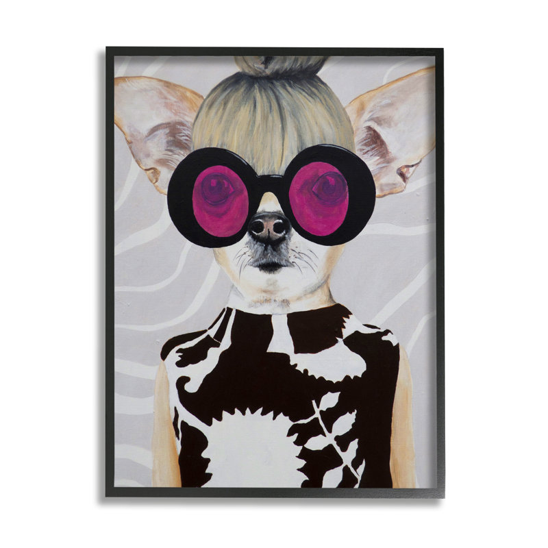 «Fashionable Dog», ensemble glam rétro encadré sur bois par Coco De Paris, peinture, H 20 po x l 16 po x P 1,5 po