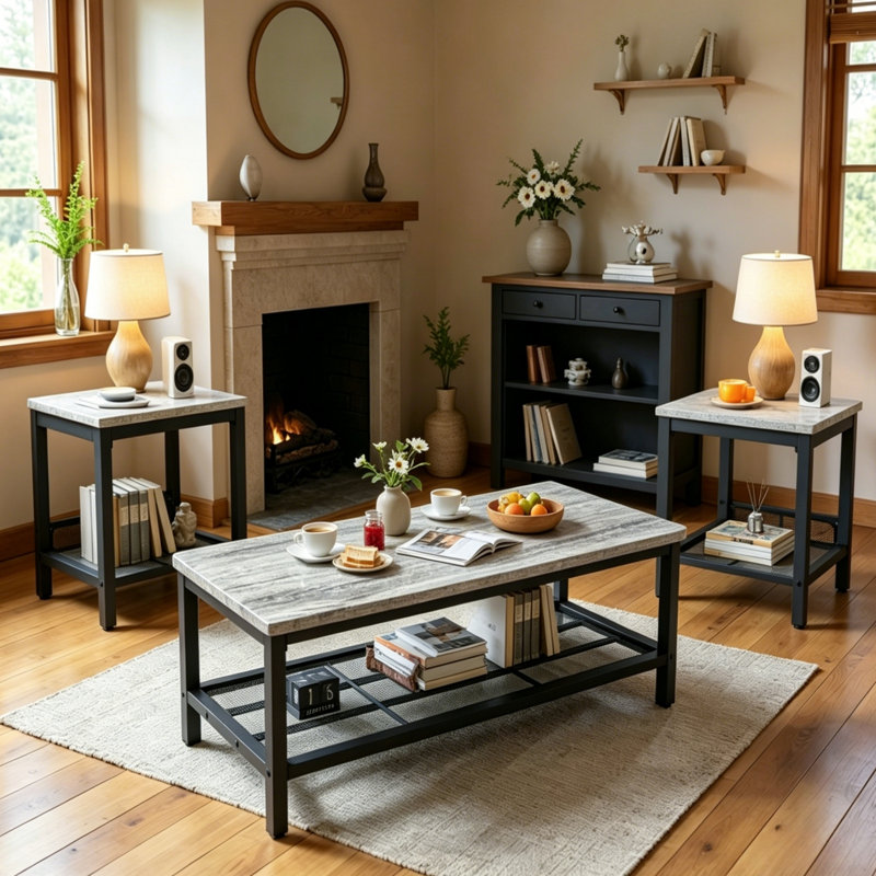 Modern Farmhouse Coffee Table Set Of 3, Rectangular Coffee Table With 2 Square End Side Tables, 2-Tier Living Room Table Set With Metal Frame & Open Shelf For Office, Apartment, Home