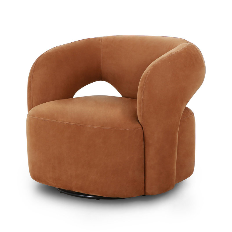 Mazie Swivel Barrel Chair, Nubuck Cognac Top Grain Leather