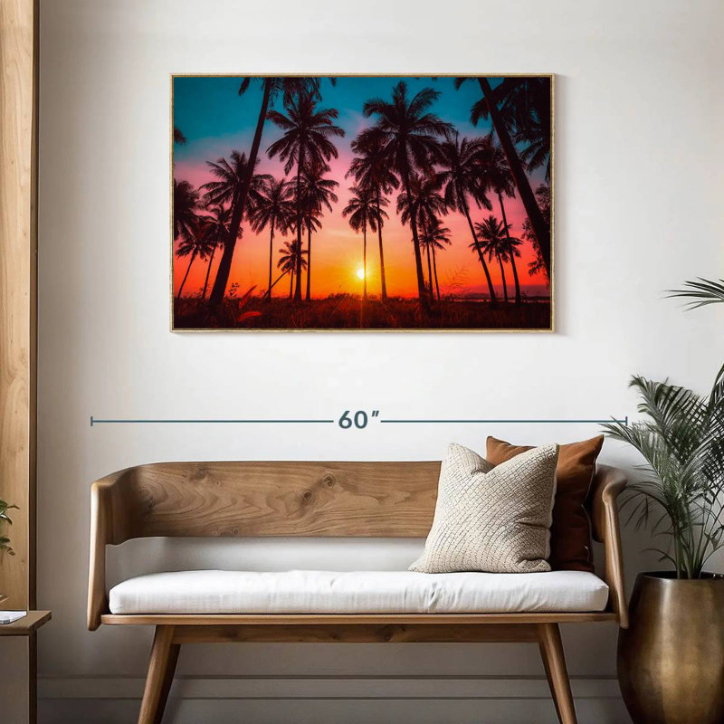 Silhouette coucher de soleil tropical, Cadre flottant en bois naturel, 43 po x 29 po