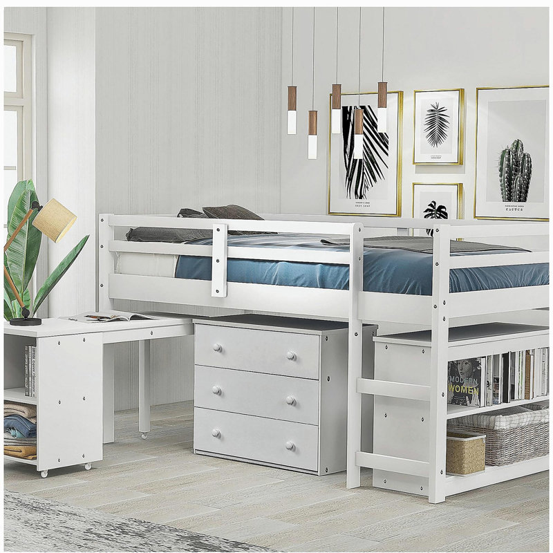 Lit mezzanine à profil bas avec armoire et table roulante portable - blanc, Blanc