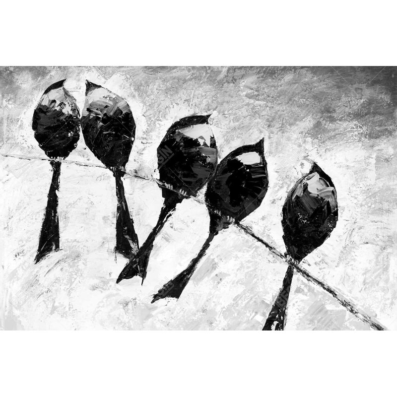 Five Birds Perched - Monochrome Canvas for Home Decor, 24" H x 36" W
