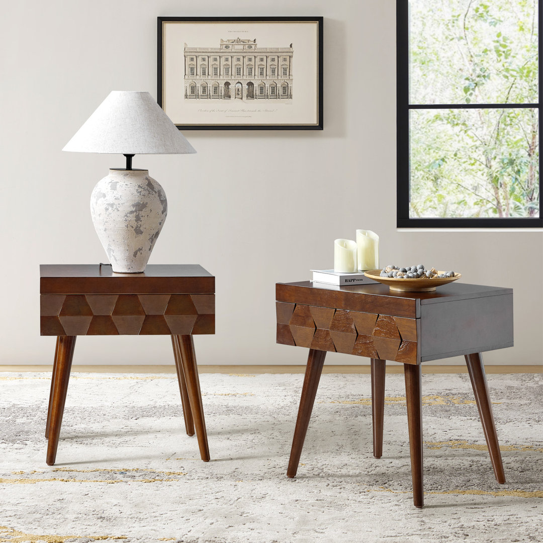 Sara Mid-Century Modern Nightstand With Pull-Out Shelf and Built-in Charging Station(Set of 2) Kelly Clarkson Home 