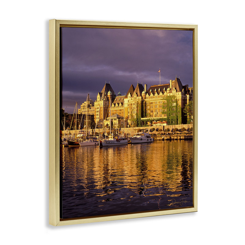 "City Boat Harbor", art mural sur toile flottante par Dennis Frates, Cadre flottant métallique doré, H 21 po x l 17 po