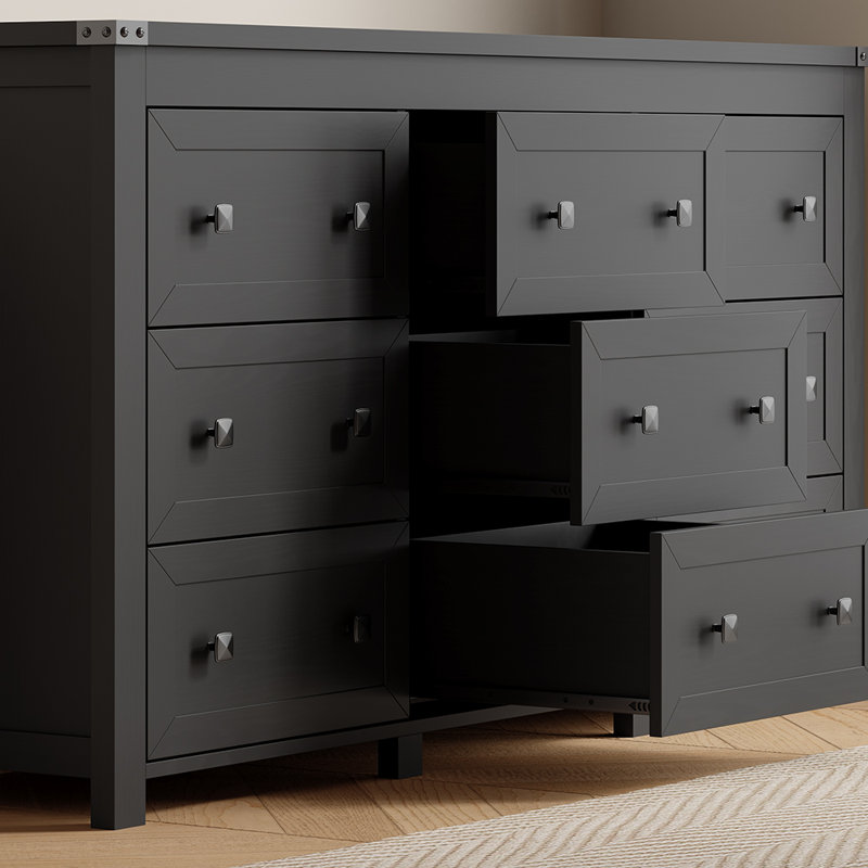 Commode 9 tiroirs pour chambre à coucher, commode large moderne, rangement en bois, Noir / robuste