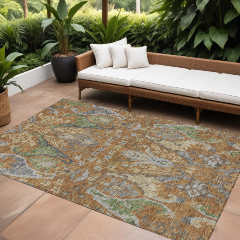 Tapis extérieur lavable floral vert cuivré et beige 9 pi x 12 pi