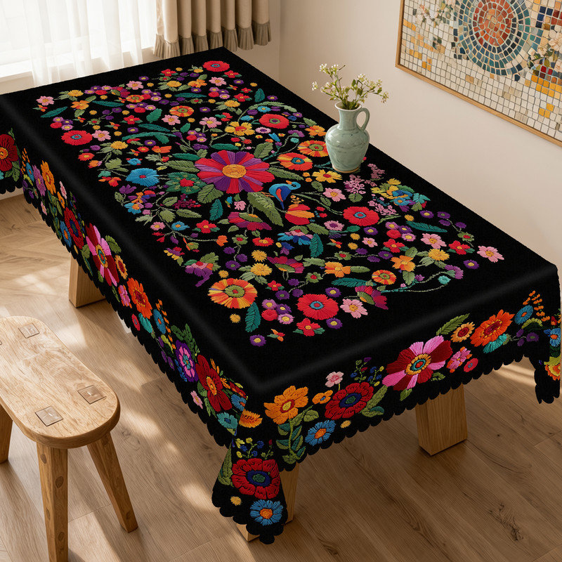 Black Washable Polyester Tablecloth with Floral Pattern, 86.6" L x 70.8" W