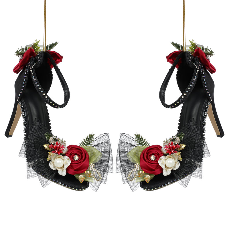 Black Shoe, With Diamond Strap Ornament - 3 X 7.5 Inches Set Of 2