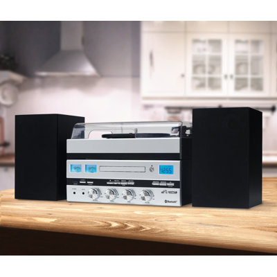 Centre de musique 5-en-1 avec tourne-disque Bluetooth, lecteur CD, radio FM et haut-parleurs séparés