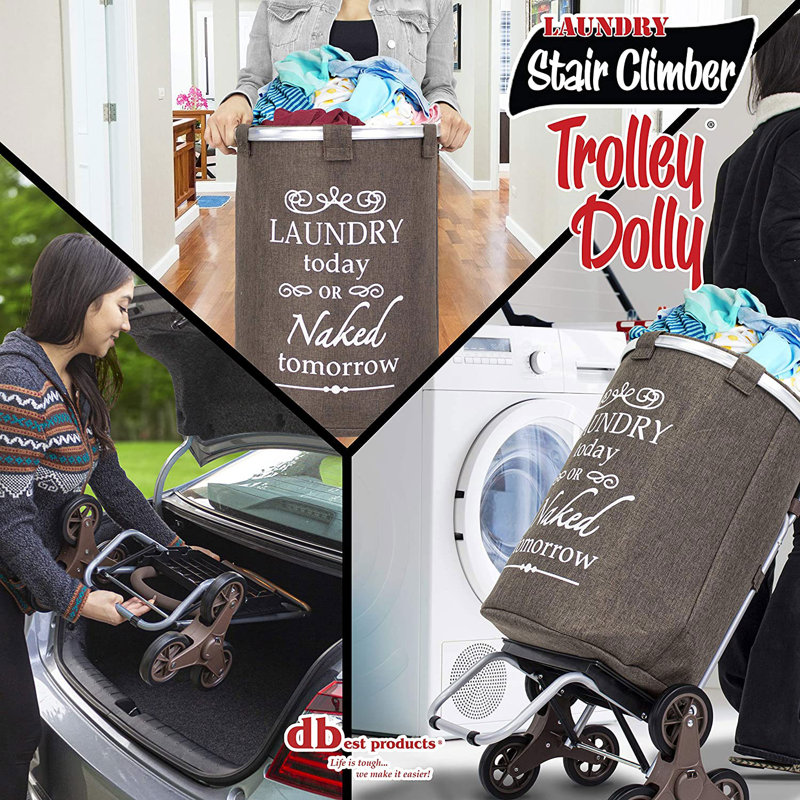 Stair Climber Laundry Trolley Dolly, Brown Laundry Bag Hamper Basket Cart with Wheels Sorter