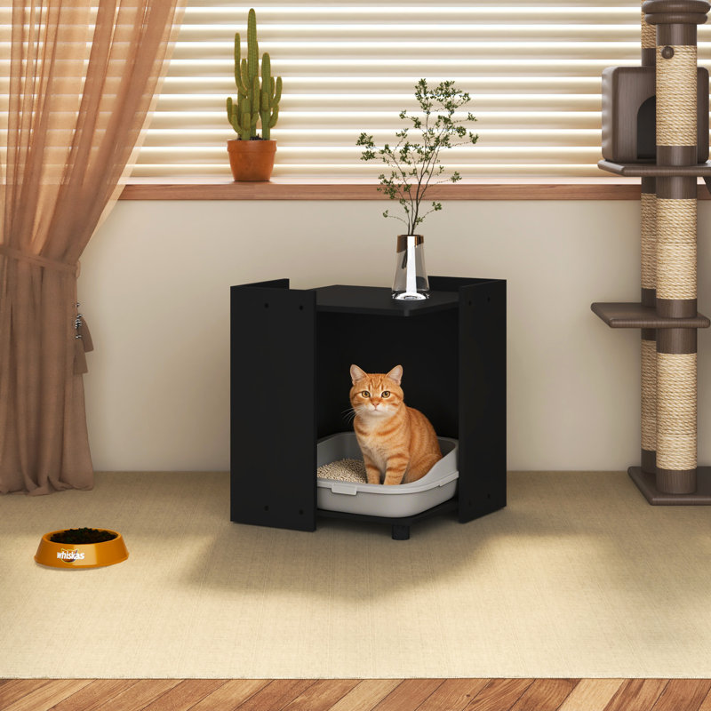 Enceinte moderne pour litière pour chat avec tablette ouverte, Noir