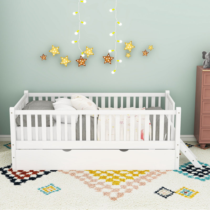 Twin Size Loft Bed With Guardrail And Twin Trundle, White