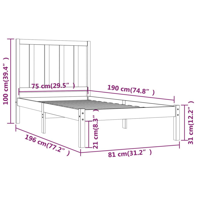 Bed Frame Solid Wood, Small Single (2'6), White