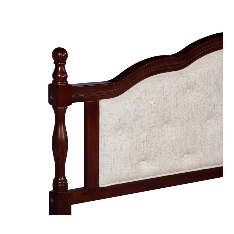 Grand lit en bois de pin avec tête de lit tapissier et pied de lit à panneau, avec deux pieds de support de rail de lit et pieds de support de plateforme centrale, cerisier classique