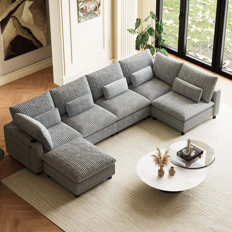 U-Shaped Corduroy Modular Sectional Cloud Sofa Deep Seat Corner Couch With Removable Ottoman, Gray Corduroy