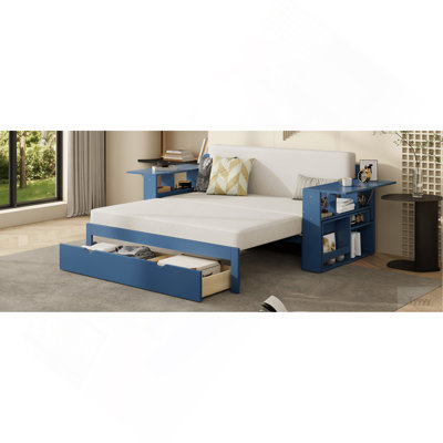 Lit de jour double avec bureau amovible, tiroirs de rangement et table d'appoint hydraulique, bleu
