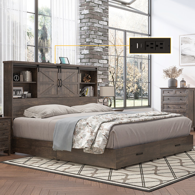 King Brown Wood Platform Bed Frame with Bookcase Headboard and Storage
