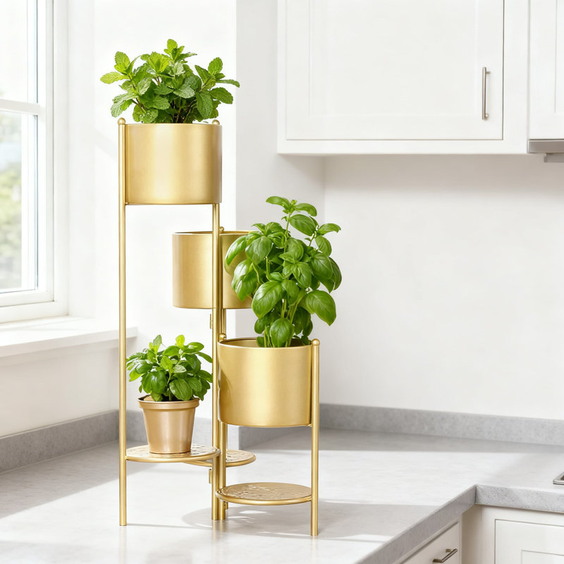 Support pour plante à 6 niveaux en métal avec pots et tablettes intégrés