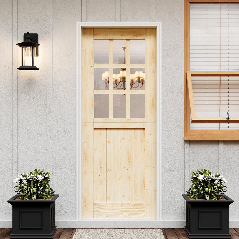 Porte hollandaise Qambik assemblée, non pré-suspendue, hollandaise non finie, 9 panneaux de verre semi-transparents à demi-verre avec bois de pin naturel