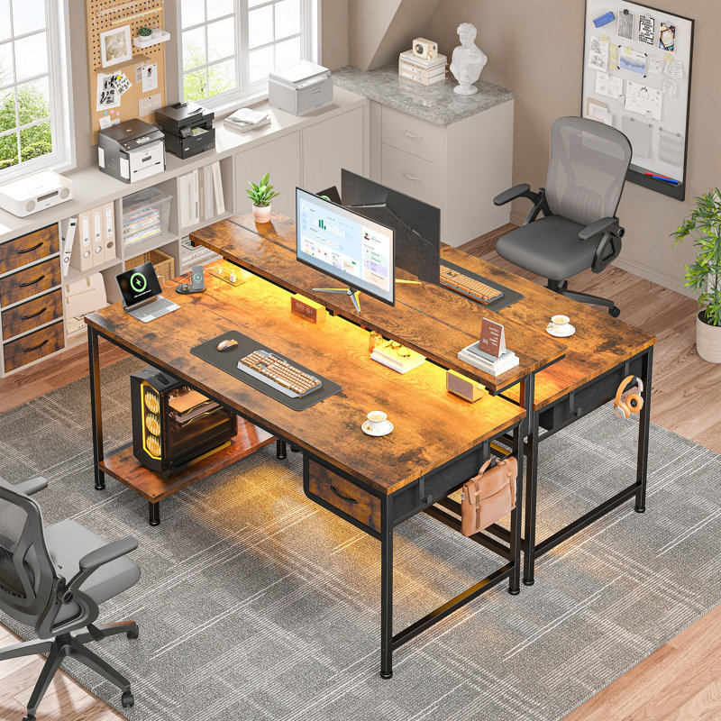 Small Home Office Computer Desk With Power Outlet And CPU Stand, Gaming Desk With Monitor Stand & LED Lights, Brown/Black