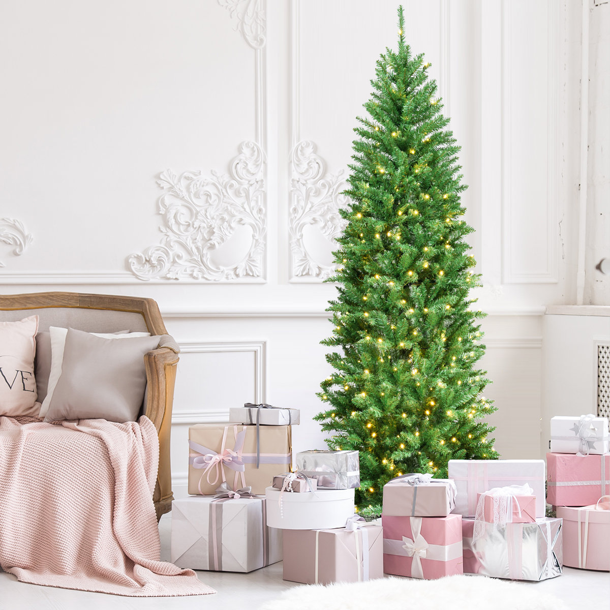 White Flocked 7' Pre-Lit Pine Christmas Tree, 7' H