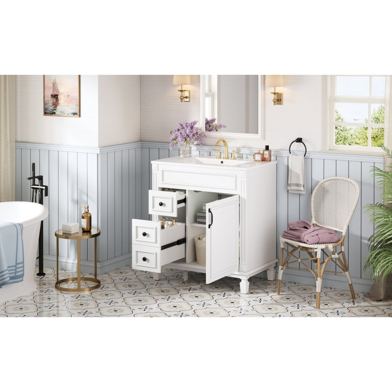 Meuble-lavabo de 30 po avec lavabo en céramique, deux tiroirs avec fonction d'atterrissage en douceur, lavabo à tablette réglable et tiroirs coulissants lisses