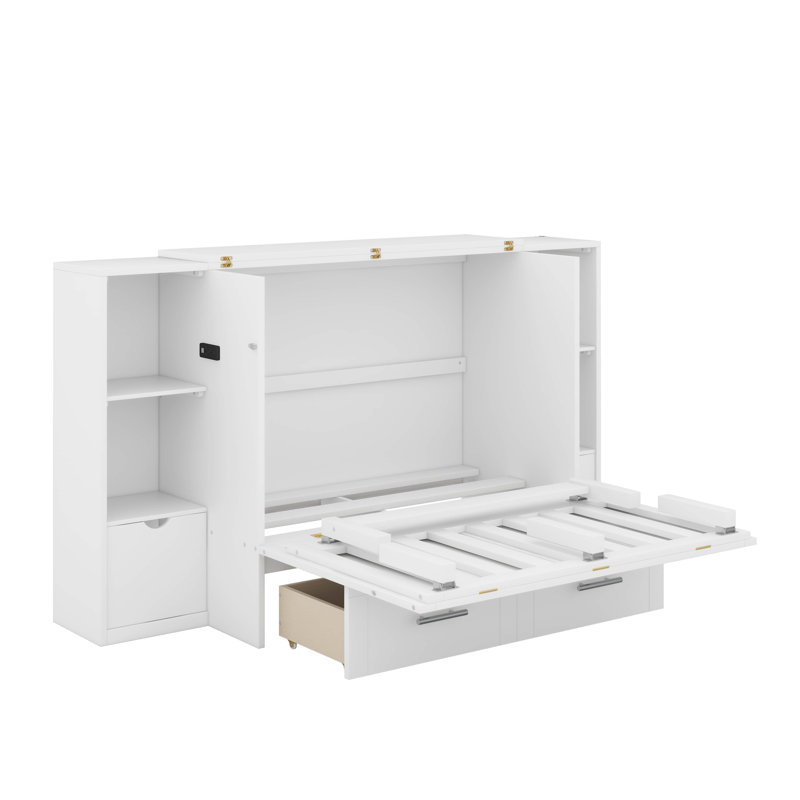 Queen Murphy Bed With Shelves, Drawers And USB, White