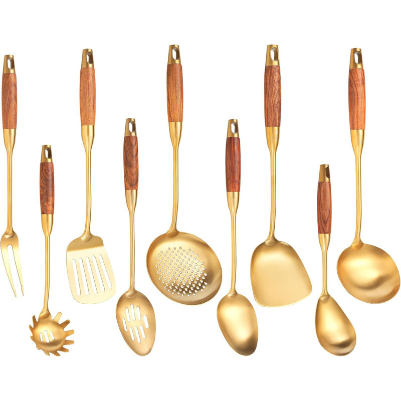 Ensemble 9 pièces d'ustensiles de cuisine dorés, 304 outils de cuisson en acier inoxydable avec poignées en bois, comprend une cuillère, une cuillère rainurée, une fourchette, une spatule, une louche, un écumoire, un tournevis plat, une cuillère ?