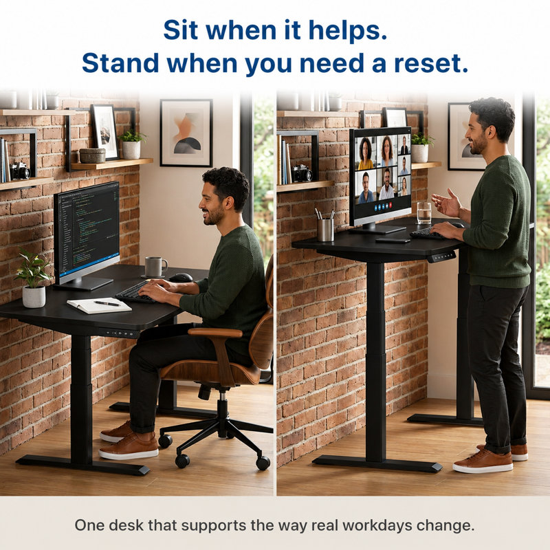 Bureau assis-debout électrique à double moteur Rise Up avec plateau en MDF de 48 x 30 pouces, H 46,7 po x l 48 po x P 30 po