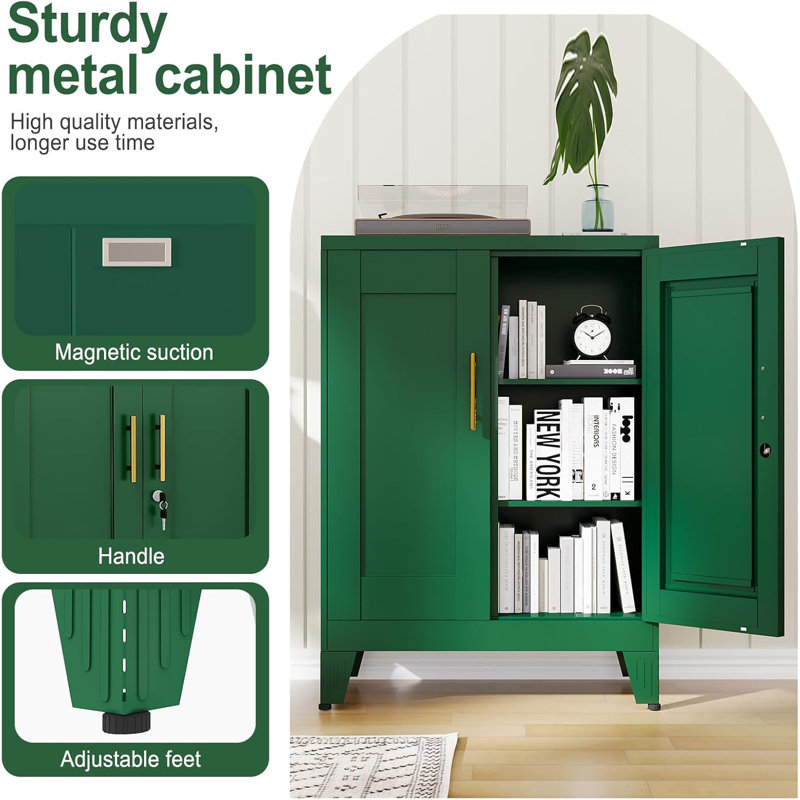 Green Sideboard Buffet Cabient, 35.83" Steel Kitchen Pantry Storage Cabinet with 2 Doors and 2 Adjustable Shelves, Bathroom Floor Storage, Freestanding Cupboard for Office/Kitchen/Home