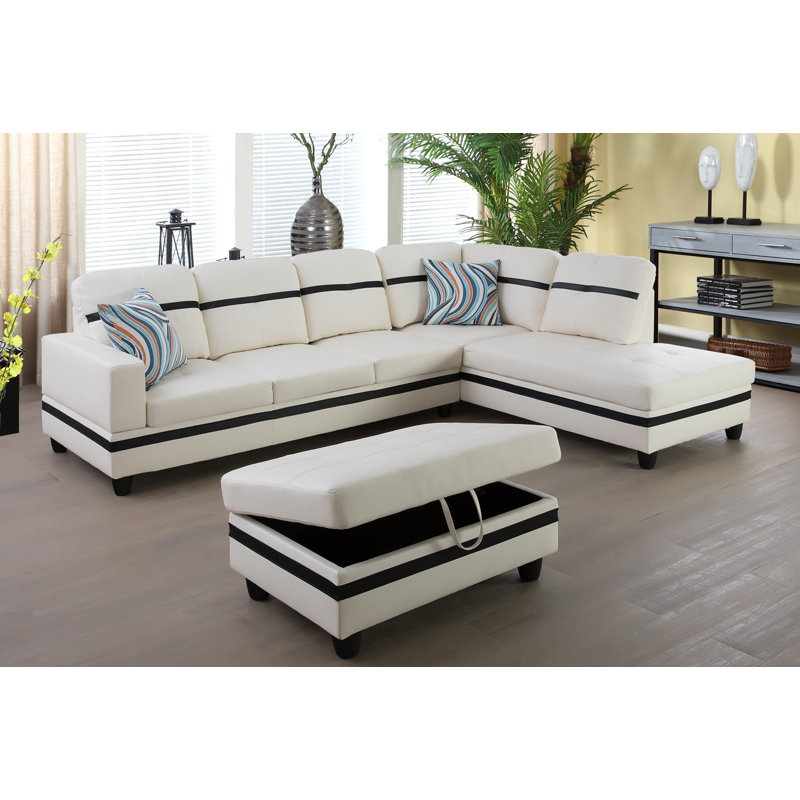 Brevard Faux Leather L-Shaped Sectional, Right Hand Facing, White with 2 Black Stripes
