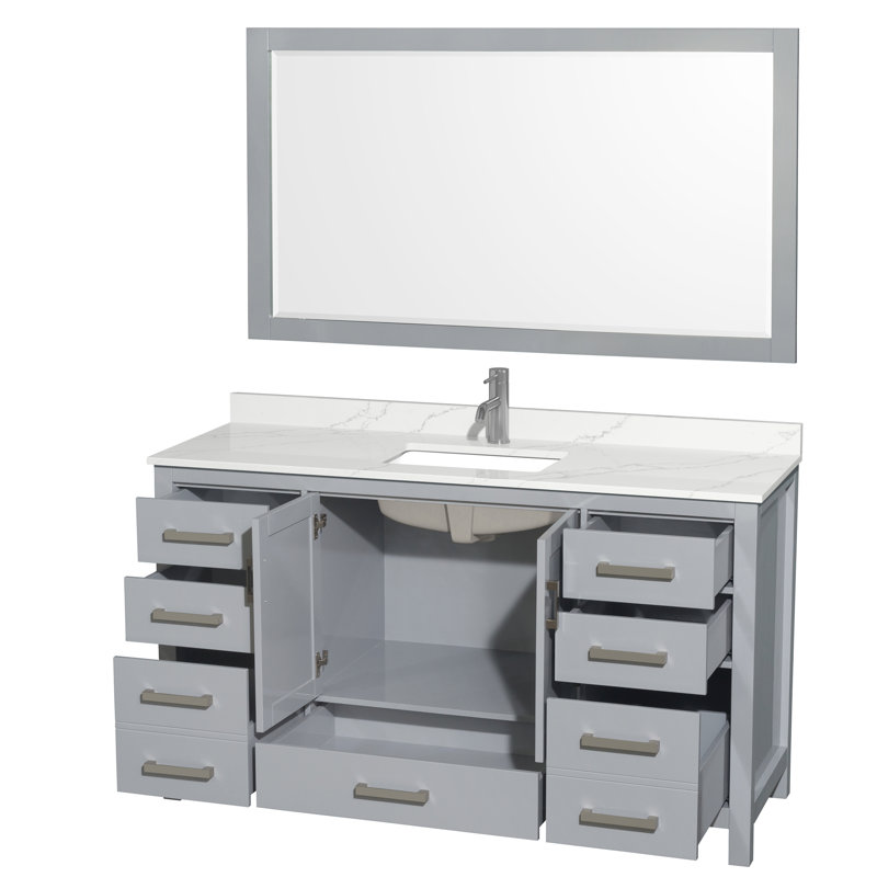 Sheffield 60" Freestanding Single Bathroom Vanity with Quartz Top with 58" Mirror, Giotto Quartz, Gray, Chrome