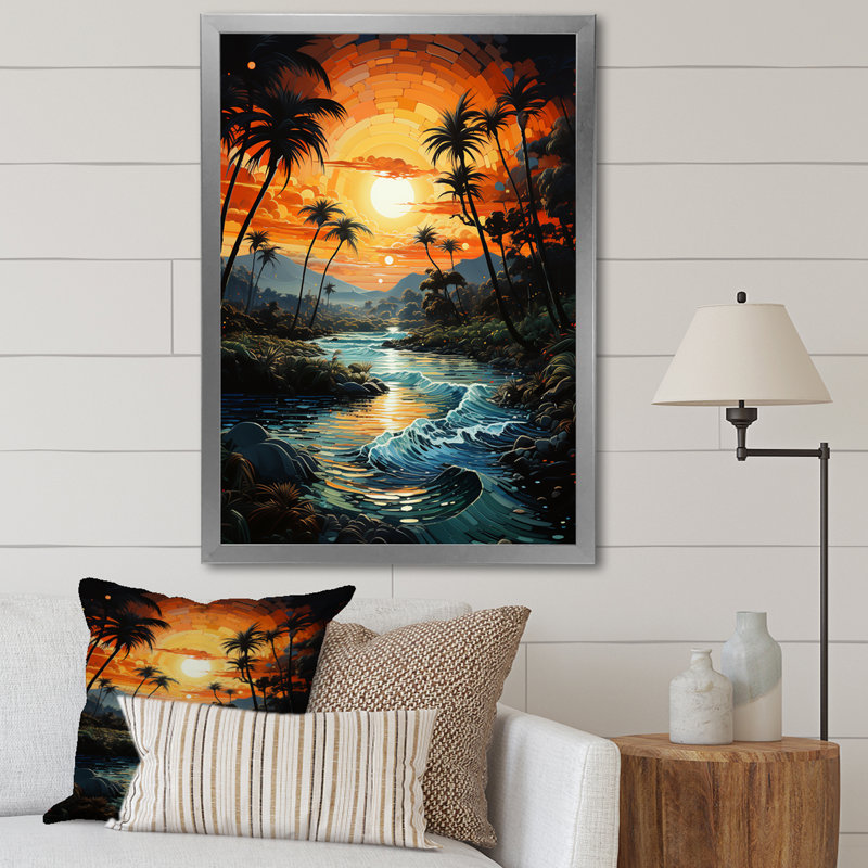 «Saudres Palm Trees Sunrise IV», reproduction sur toile, H 32 po x l 24 po x P 1 po, Cadre photo argenté