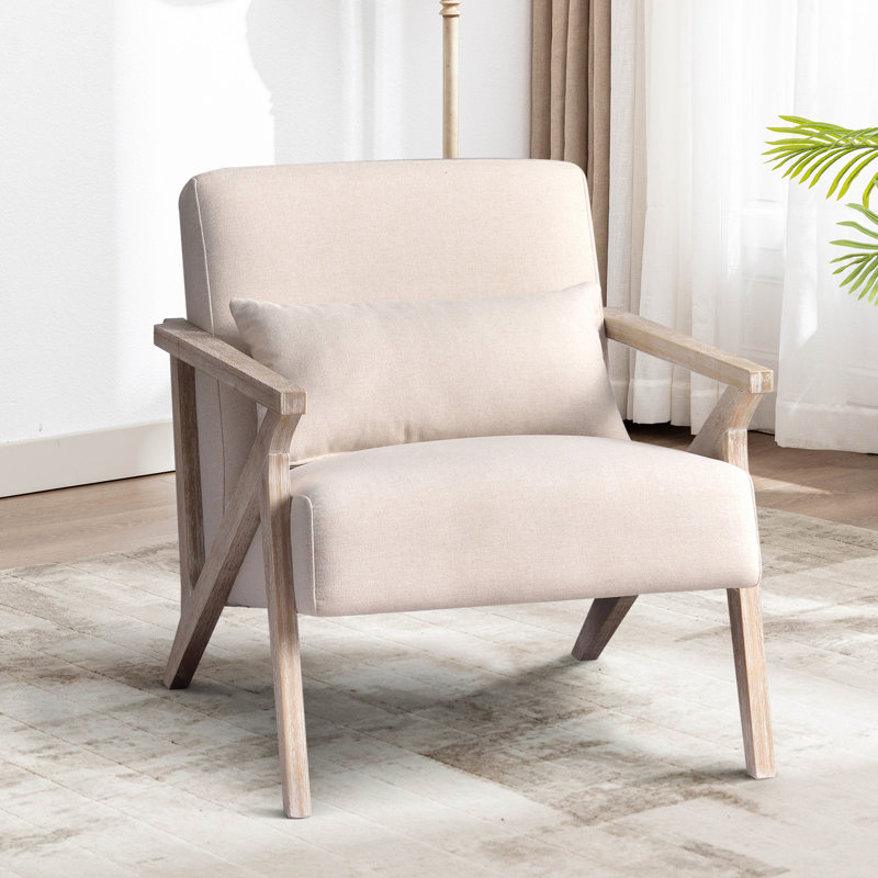 Joesy 26.8" Wide Upholstered Linen Blend Accent Chair with Wooden Legs and One Pillow, Beige
