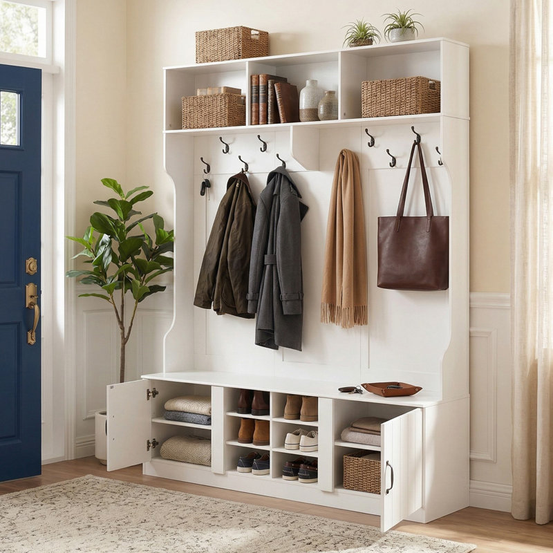 59" Wide 6-In-1 Multi-Functional Hall Tree, Padded Seating Bench & Spacious Storage Zones, Anti-Tip Design Suitable For Mudroom, Entryway
