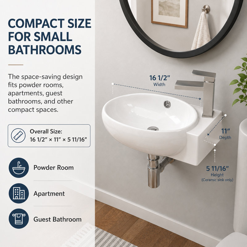 16" x 11" Wall Mount Bathroom Sink, Oval Ceramic Wall Hung Vanity Sink with Overflow, Single Hole Faucet Compatible, White