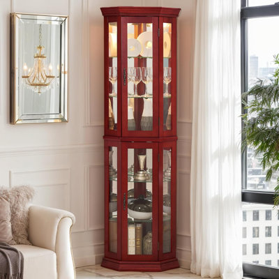 Corner Curio Cabinet with Light Bulb, Tempered Glass Doors, Floor Standing Glass Display Cage with 6 Tempered Glass Shelves, Wine Cabinet Storage Rac