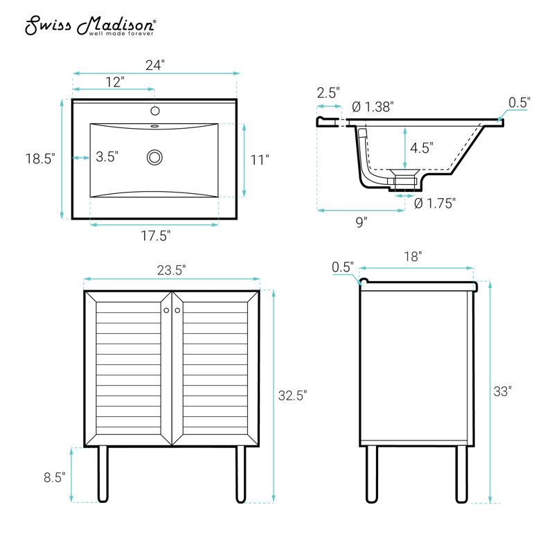 Meuble-lavabo autoportant 24 po Bron, Trou unique, Blanc, Chêne brun