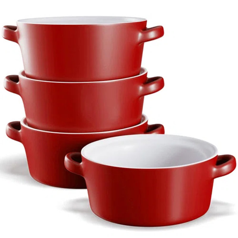 kook Soup Crocks, Ceramic Stackable Bowls, Set of 4, Red