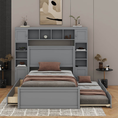 Wooden Bed With All-In-One Cabinet, Shelf And Sockets,Twin XL Trundle