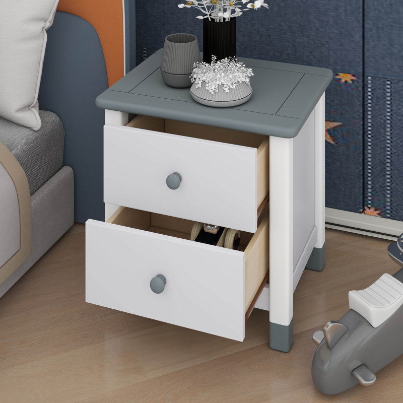 Table de chevet 2 tiroirs, Blanc / gris
