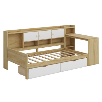 Wooden L-Shape Daybed With Storage Cabinets And Two Storage Drawers, Multi-Functional Bed With Study Desk And Built-In Bookshelf