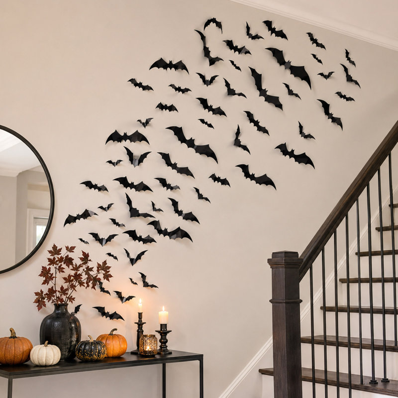 60 pièces de décorations murales en forme de chauve-souris 3D d'Halloween, autocollants amovibles en PVC