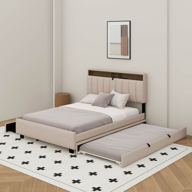 Lit plateforme tapissier avec tête de lit, lit gigogne, tiroirs et ensemble de prises et ports USB, Beige, Lit double